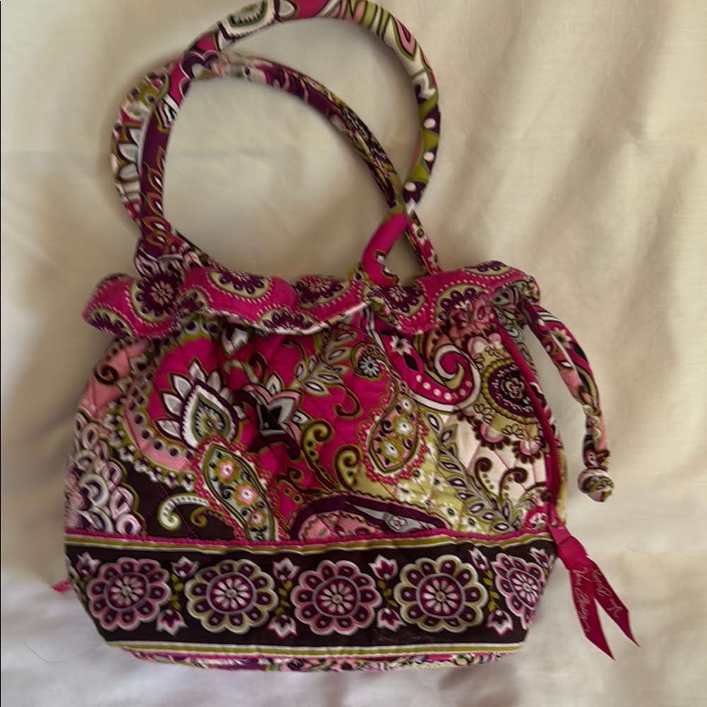 Vera Bradley Pink and Green Shoulder Bag with Quilted Paisley Design